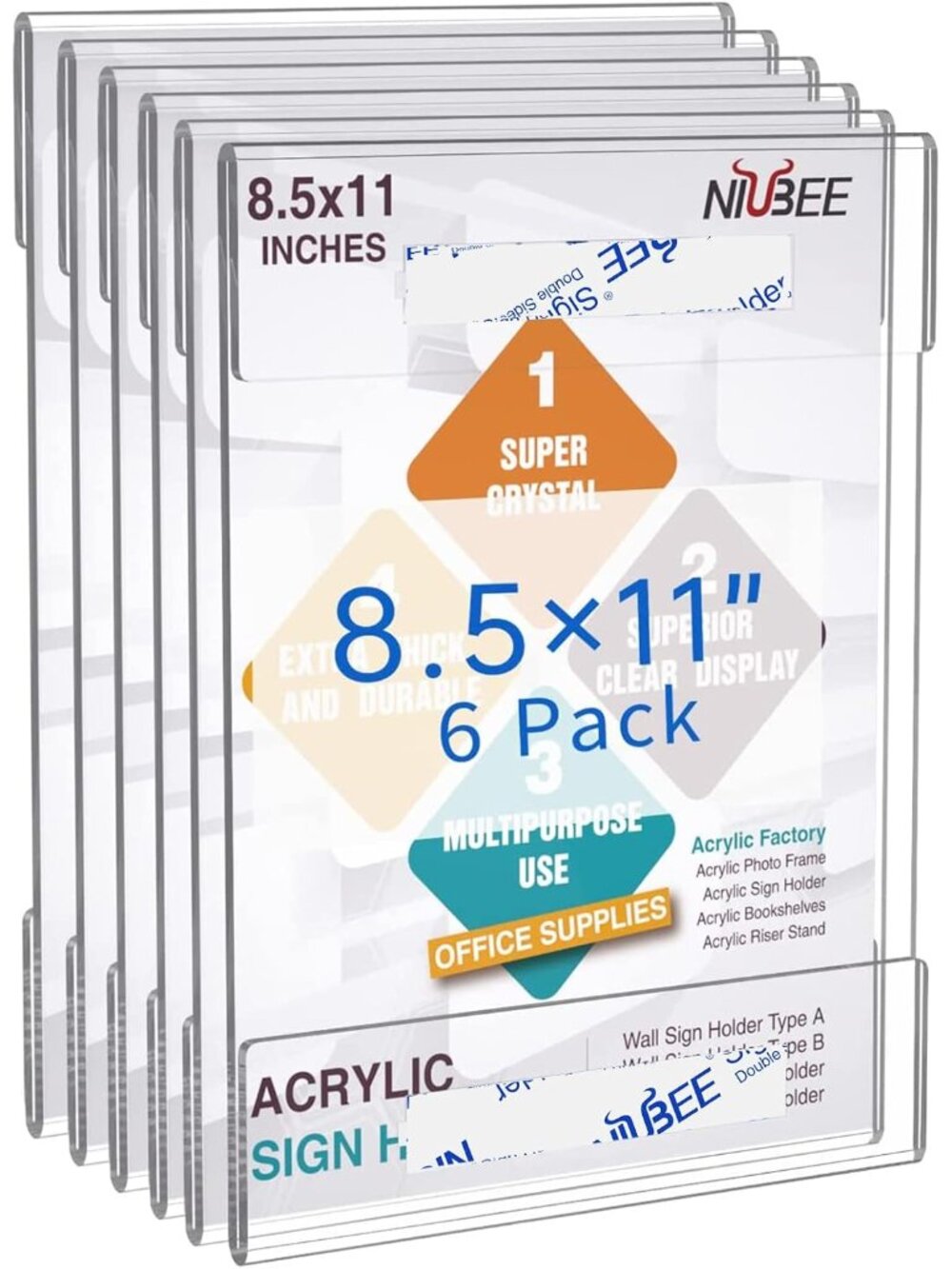 8.5 x 11 Acrylic Sign Holder Wall Mount Clear Frame 6 Pack